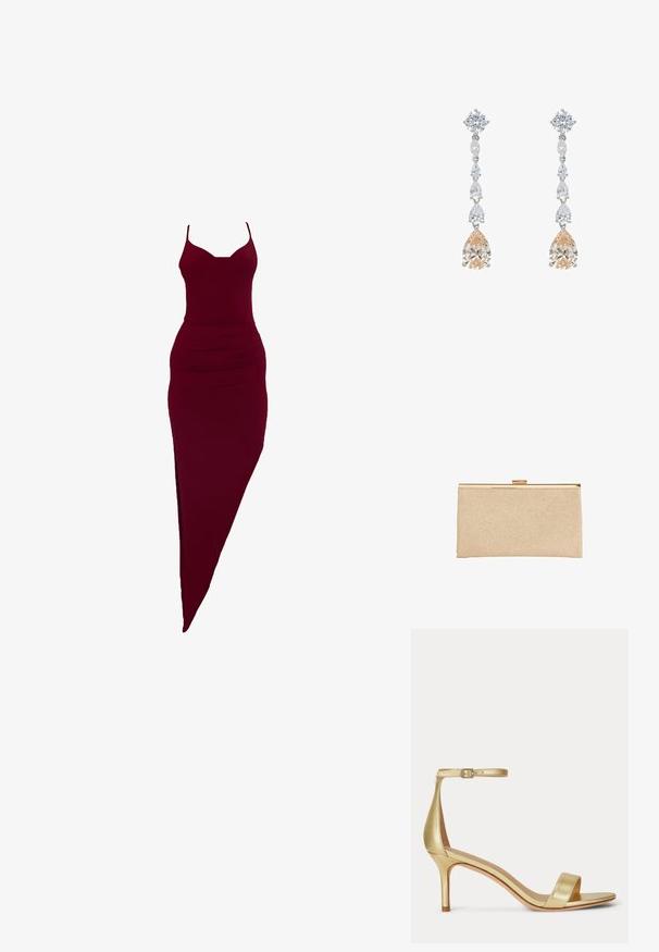 Burgunderrotes, figurbetontes Kleid mit Spaghettiträgern, seitlichem Schlitz und gerafften Details an der Taille, aus elastischem Stoff.; Goldene High-Heel-Sandale mit dünnem Knöchelriemen und Schnalle, offenem Zehenbereich und schlankem Absatz, seitlich auf weißem Hintergrund dargestellt.; Rechteckige goldglitzernde Clutch mit metallischem goldfarbenem Rahmen und Verschluss oben vor weißem Hintergrund.; Hängende Ohrringe mit einem runden klaren Stein oben und einer vertikalen Linie kleinerer klarer Steine, die in einem größeren pfirsichfarbenen Tropfenstein enden.
