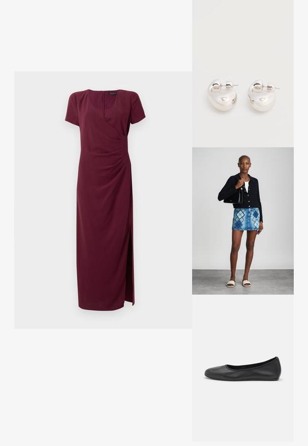 Burgunderfarbendes Maxikleid aus strukturiertem Stoff, mit Wickeldesign, kurzen Ärmeln, Schlitz vorne und einem Reißverschluss auf der Rückseite.; Schwarze Leder-Ballettschuhe mit abgerundeter Spitze, glatter Textur, minimalen Nähdetails und einem flexiblen Sohlen-Design.; Schwarze Strickjacke, weißes Oberteil, Jeansrock mit blauem und schwarzem Diamantenmuster, schwarze Handtasche und beige Rutschsandalen.; Paar glänzende silberne dicke Creolen mit Stecker-Verschlüssen auf weißem Hintergrund.