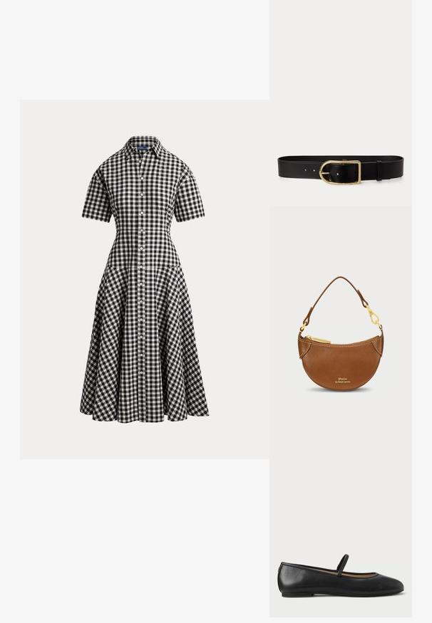 Zwart-wit geruite gingham korte-mouwen overhemdjurk met een getailleerde taille, knoopsluiting vooraan en uitlopende midi-rok.; Zwarte leren balletschoenen met een ronde neus, een dunne band over de wreef en een platte rubberen zool. Gladde textuur en minimale details.; Zwarte leren riem met een grote gouden rechthoekige gesp en meerdere verstelgaten, plat gelegd op een witte achtergrond.; Bruine leren tas met een gebogen vorm en gouden hardware. Voorzien van een bovenrits en een gegraveerd logo op de voorkant. Inclusief een korte handgreep.
