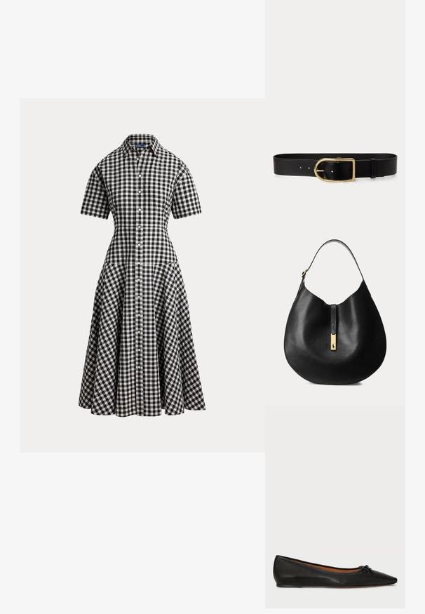 Vestido de camisa de cuadros vichy blanco y negro con mangas cortas, cintura entallada, cierre de botones en la parte delantera y falda midi acampanada.; Bailarina de cuero negro con punta afilada, silueta delgada y un pequeño lazo en la parte frontal. Textura lisa y diseño minimalista.; Bolso hobo de cuero negro con una única correa para el hombro y un cierre rectangular dorado con un pequeño logotipo.; Cinturón de cuero negro con una gran hebilla rectangular dorada y múltiples agujeros de ajuste, colocado plano sobre un fondo blanco.