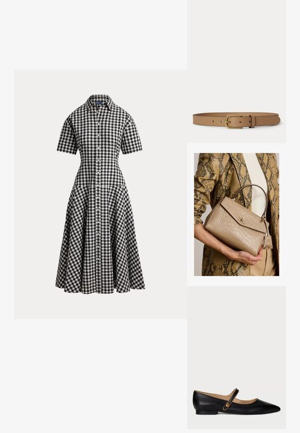 Zwart-wit geruite gingham korte-mouwen overhemdjurk met een getailleerde taille, knoopsluiting vooraan en uitlopende midi-rok.; Zwarte leren Mary Jane ballerina's met puntige neus, gouden afwerking en gouden decoratieve knop op de band tegen een eenvoudige witte achtergrond.; Beige handtas met krokodillenstructuur en gouden RLL-logo, vastgehouden door een persoon die een beige jas met slangenhuidpatroon en een crème shirt draagt.; Lichtbruine leren riem met gouden rechthoekige gesp en gestikte randen, plat neergelegd op een lichte achtergrond.