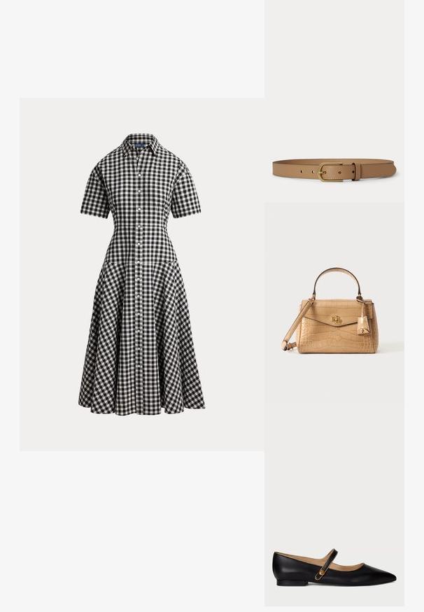 Schwarz-weiß karierte Kurzarm-Hemdkleid mit tailliertem Schnitt, Knopfleiste vorne und ausgestelltem Midirock.; Schwarze Leder-Mary-Jane-Ballerinas mit spitzem Schuhkopf, goldfarbigen Akzenten und goldener dekorativer Knopfdetails am Riemen vor einem schlichten weißen Hintergrund.; Beige Handtasche aus krokodilgeprägtem Leder mit Tragegriff oben, verstellbarem Schulterriemen, Überschlagverschluss und goldenem RL-Logo vorne.; Hellbrauner Ledergürtel mit rechteckiger goldener Schnalle und genähten Kanten, flach auf hellem Hintergrund dargestellt.