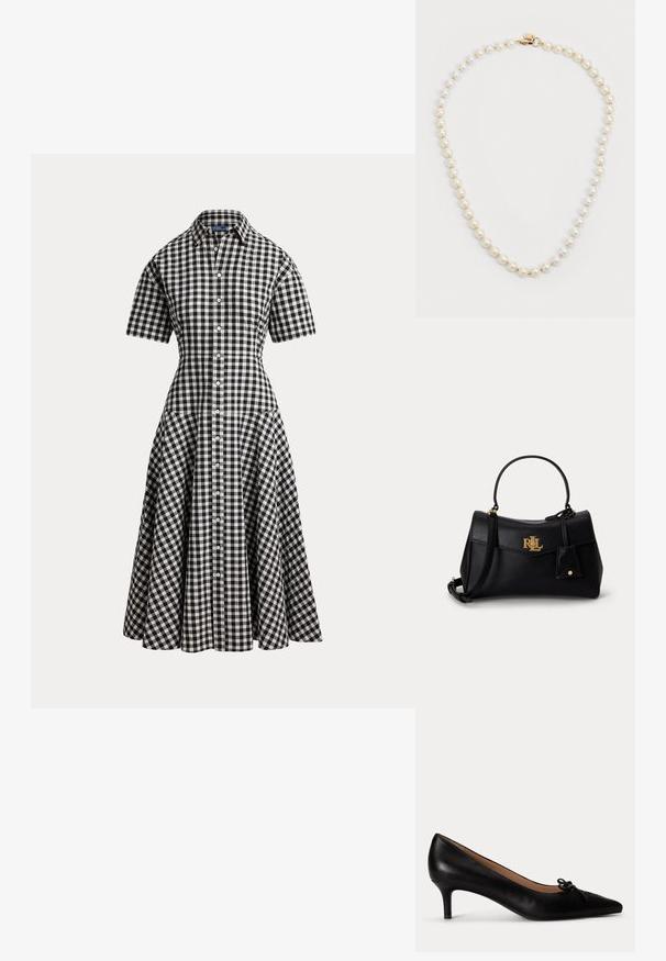 Schwarz-weiß karierte Kurzarm-Hemdkleid mit tailliertem Schnitt, Knopfleiste vorne und ausgestelltem Midirock.; Schwarzer Leder-Pumps mit spitzer Zehenpartie, niedrigem Kitten-Heel und kleinem dekorativem Schleifchen oben, seitlich auf weißem Hintergrund abgebildet.; Schwarze Lederhandtasche mit goldfarbenem RL-Logo, einem einzelnen oberen Griff, abnehmbarem Schulterriemen und angebrachtem Lederanhänger auf hellem Hintergrund.; Perlenkette mit einem einzelnen Strang aus weißen Perlen, die mit kleinen goldenen Perlen durchsetzt sind, und einem goldenen Verschluss.