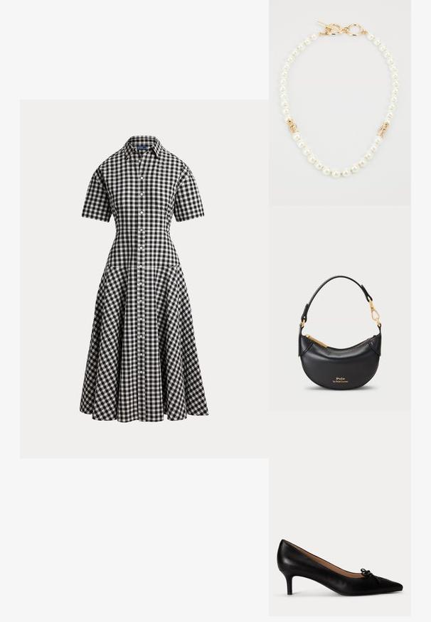 Robe chemise à manches courtes à carreaux vichy noir et blanc, taille cintrée, boutonnée sur le devant et jupe midi évasée.; Escarpin en cuir noir à bout pointu, talon bas kitten et petit nœud décoratif sur le dessus, présenté en profil latéral sur fond blanc.; Collier en perles avec quincaillerie dorée. Comprend des perles blanches rondes alternant avec de petits accents dorés et un fermoir décoratif à bascule.; Sac à main en cuir noir avec une silhouette courbée, fermeture éclair en métal et une courte poignée. Présente des éléments en or et un logo en relief à l'avant.