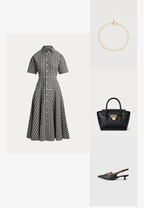 Schwarz-weiß karierte Kurzarm-Hemdkleid mit tailliertem Schnitt, Knopfleiste vorne und ausgestelltem Midirock.; Schwarzer Slingback-Pumps aus Leder mit spitzer Zehenpartie, niedrigem Absatz, Cut-out-Design und goldfarbenem Schnallendetail am Riemen.; Schwarze Lederhandtasche mit strukturiertem Design, strukturiertem Oberflächen, zwei Griffen oben und einem goldenen Schlossverschluss.; Perlenarmband mit einer einzelnen Perlenreihe, goldenen Abstandskugeln und einem goldenen Knebelverschluss auf weißem Hintergrund.