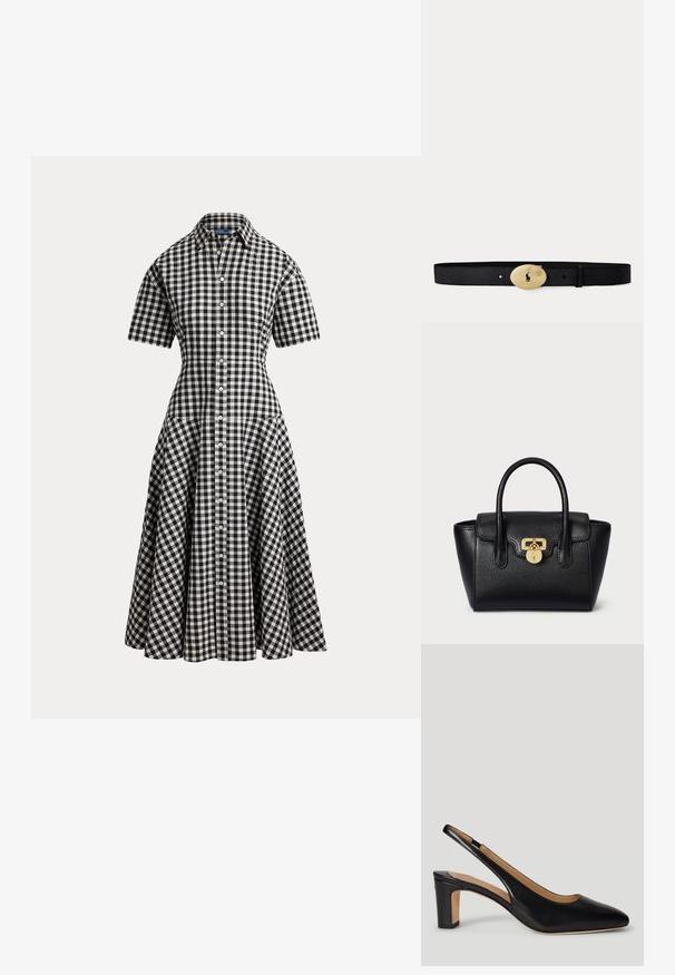 Sort og hvid gingham ternet skjortekjole med korte ærmer, figursyet talje, knaplukning foran og skørt i midi-længde med vidde.; Sort læder slingback pump med spids tå, medium blokhæl og en glat tekstur. Har et udskåret design på siderne.; Sort læderhåndtaske med en struktureret form, tekstureret overflade, to top håndtag og en guld lås.; Sort læderbælte med en skinnende guldbolet spænde med en lille graveret polo-spiller logo i midten.