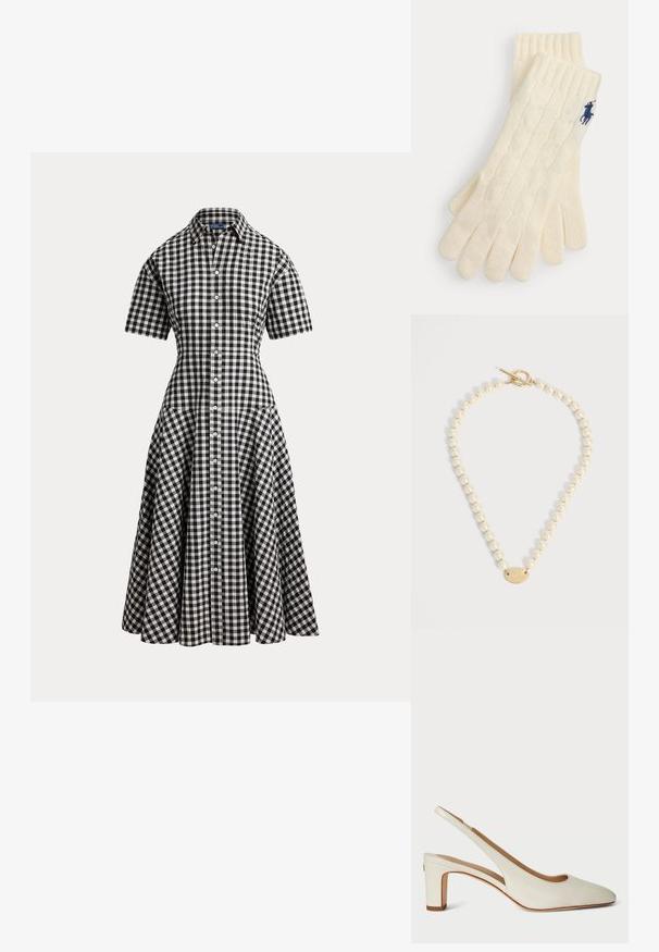 Schwarz-weiß karierte Kurzarm-Hemdkleid mit tailliertem Schnitt, Knopfleiste vorne und ausgestelltem Midirock.; Weiße Leder-Slingback-Pumps mit abgerundetem Zehenbereich, Blockabsatz und einem minimalistischen Design mit dezenten Nahtdetails.; Cremefarbene gestrickte Handschuhe mit Zopfmuster und gerippten Bündchen, mit einem kleinen dunkelblau bestickten Logo am Handgelenk.; Perlenkette mit goldenem Knebelverschluss und ovalem goldenen Anhänger, graviert mit Buchstaben auf weißem Hintergrund.