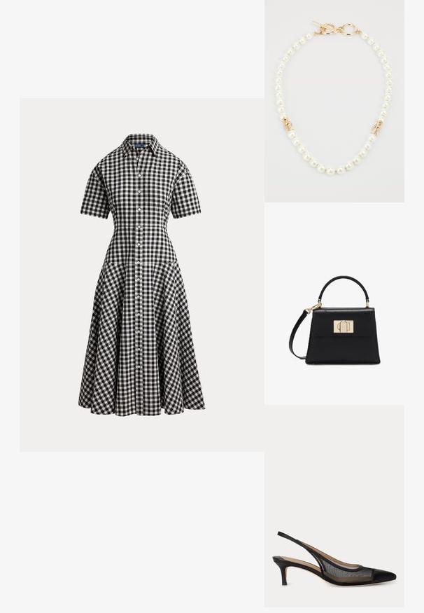 Zwart-wit geruite gingham korte-mouwen overhemdjurk met een getailleerde taille, knoopsluiting vooraan en uitlopende midi-rok.; Zwarte slingback kittenheel schoen met puntige neus en transparante mesh zijkanten, beige binnenzool en dun riempje aan de achterkant.; Zwarte leren handtas met bovenhandvat, afneembare schouderriem en gouden rechthoekige sluiting op de voorspat.; Parelsnoer met gouden hardware. Bestaat uit ronde, witte parels die afwisselend zijn met kleine gouden accenten en een decoratieve sluiting.