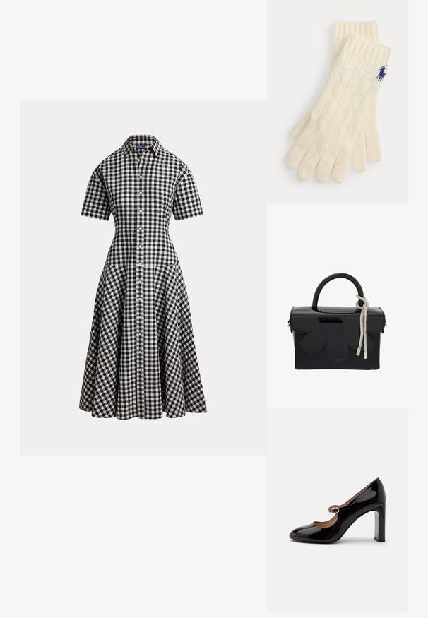 Zwart-wit geruite gingham korte-mouwen overhemdjurk met een getailleerde taille, knoopsluiting vooraan en uitlopende midi-rok.; Zwarte lakleren Mary Jane hoge hak schoen met een afgeronde neus en een klein gespspannetje over de wreef op een witte achtergrond.; Glat zwart handtas met een gestructureerde vorm, voorzien van een bovenhandvat, een decoratieve zilveren kwast en gegolfde accenten aan de voorkant.; Crèmekleurige gebreide handschoenen met kabelpatroon en geribde manchetten, met een klein donkerblauw geborduurd logo op de pols.