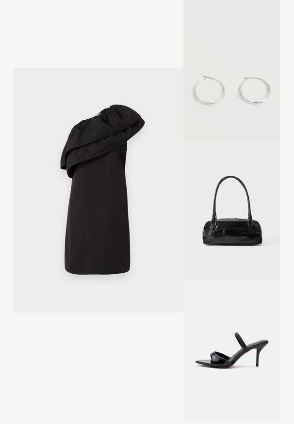 Robe noire avec un design à une épaule, mettant en avant un grand détail de volan drapé. Fabriquée à partir d'un tissu lisse et léger. Style minimaliste.; Sandale à talon en cuir verni noir avec talon stiletto fin, bout carré et fine bride sur le cou-de-pied, présentée sur fond blanc.; Sac à main en cuir noir de forme rectangulaire, doté d'une seule ansse structurée, de quincaillerie argentée et d'une fermeture éclair. Texture lisse.; Boucles d’oreilles créoles en métal argenté avec une surface lisse légèrement incurvée et des fermoirs à clapet sur un fond blanc uni.
