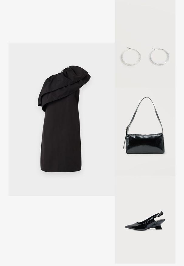 Vestido negro con un diseño de un solo hombro, que presenta un gran detalle de volantes drapeados. Está hecho de una tela suave y ligera. Estilo minimalista.; Zapato slingback de cuero charol negro con puntera puntiaguda y tacón bajo en bloque inclinado sobre fondo claro liso.; Bolso de hombro rectangular negro con una correa ajustable y un cierre de cremallera superior sobre un fondo liso.; Pendientes de aro de metal plateado con superficie lisa y ligeramente curvada y cierre de tipo mosquetón sobre un fondo blanco liso.