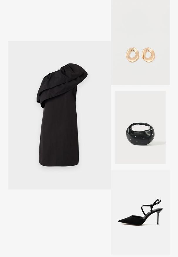 Robe noire avec un design à une épaule, mettant en avant un grand détail de volan drapé. Fabriquée à partir d'un tissu lisse et léger. Style minimaliste.; Chaussure à talon haut noire à bout pointu avec talon stiletto fin et fines lanières à la cheville avec boucle argentée sur fond blanc.; Sac à main en cuir noir de forme arrondie, décoré de clous argentés et équipé d'une poignée courte. Texture lisse et fermeture éclair.; Paired boucles d'oreilles en métal doré poli de forme irrégulière avec un centre ouvert sur un fond blanc uni.