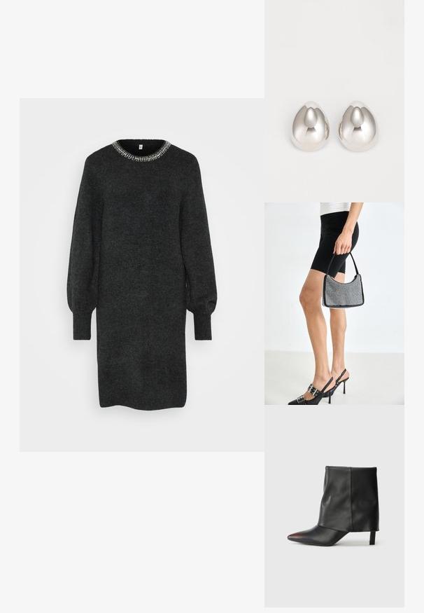 Robe en tricot gris foncé avec un col rond orné de perles argentées. Manches longues et bouffantes avec des poignets côtelés.; Bottine noire en cuir lisse avec un bout pointu et un talon effilé. La tige présente un design légèrement froncé.; Sac à main à perles noires avec une silhouette courbée, une poignée de transport et une texture brillante. Porté avec des chaussures à talons hauts noires et un short noir ajusté.; Boucles d'oreilles en métal argenté avec un design lisse et arrondi ressemblant à la forme d'une goutte d'eau, présentant une surface réfléchissante et une finition sans couture.