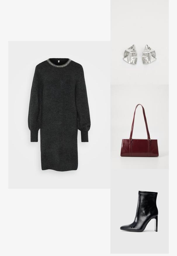 Robe en tricot gris foncé avec un col rond orné de perles argentées. Manches longues et bouffantes avec des poignets côtelés.; Bottine en cuir noir avec un bout pointu et un talon transparent haut. Texture lisse et finition minimaliste sur le dessus.; Sac à main bordeaux en matériau brillant, de forme rectangulaire, avec deux anses et des accents légèrement courbés à l'avant.; Boucles d'oreilles en métal argenté avec un design ondulé et sculptural, présentant une finition polie et des formes irrégulières, mettant en valeur une esthétique contemporaine.