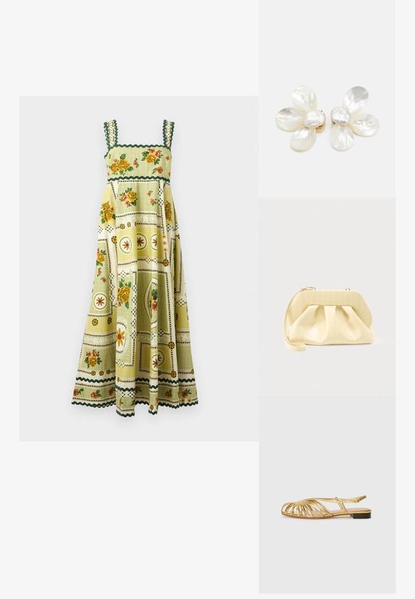 Ærmeløs maxi-kjole i grøn og gul med blomster- og geometriske patchworkmønstre og skålsøm.; Guldmetallisk flad sandal med åbent tådesign, der har krydssnøringer og en lav hæl. Glat tekstur og minimalistiske detaljer.; Clutch-taske i cremefarvet læder med en struktureret topramme og håndledsrem, vist mod en enkel lys baggrund.; Hvide blomsterøreringe lavet af struktureret skalmateriale, der har lagdelte petalformer og en blank finish med hardware i guldfarve.