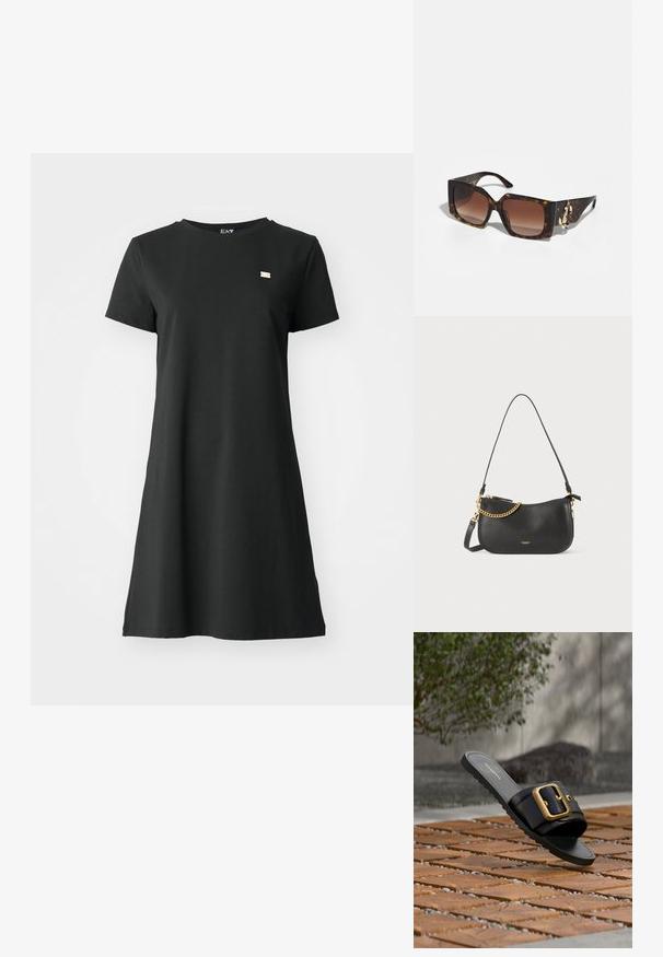 Čierne šaty s krátkym rukávom vyrobené z hladkej tkaniny, s voľným strihom a malým značkovým logom na hrudi. Jednoduchý a minimalistický dizajn.; Čierna šľapka s širokým remienkom a veľkou zlatou prackou ležiaca na podlahe z drevených dlaždíc s pozadím zeleného rastliny a šedej steny.; Štvorcové slnečné okuliare s rámom v farbe korytnačky, hnedými gradientovými sklami a zlatým kovovým akcentom na boku. Textúrovaný povrch.; Čierna kožená crossbody taška s ohnutým tvarom a zlatou retiazkou ako akcentom. Obsahuje dlhý, nastaviteľný popruh a zipsové uzatvorenie.
