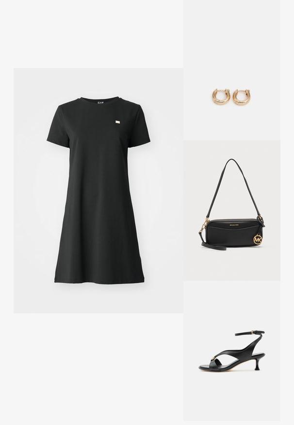 Kortærmet sort kjole lavet af glat stof, med afslappet pasform og et lille mærke logo på brystet. Enkel og minimalistisk design.; Sort lædersandal til kvinder med buet lav hæl, krydssøm og justerbar ankelrem med lille guldlås.; Sort Michael Kors skuldertaske i læder med guld logo charm, guld lynlås og justerbar rem på en ensfarvet baggrund.; Guldøreringe med en poleret finish, der har et tykt, cirkulært design og en sikker lukkeanordning. Glat tekstur og skinnende udseende.