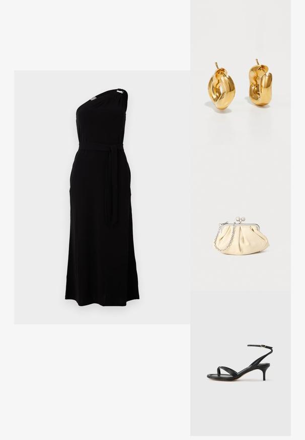 Robe noire à une épaule en tissu doux. Présente une taille ceinturée et une fente sur le côté, avec un accent métallique à l'épaule. Longue longueur.; Sandale pour femme en cuir noir avec fines lanières, une boucle d'orteil, une boucle à la cheville et un talon aiguille de hauteur moyenne sur un fond neutre.; Pochette en cuir beige plissé avec un cadre en métal argenté, dotée de deux fermoirs ronds décoratifs et d'une chaîne en argent.; Boucles d'oreilles créoles en or massif avec un design tubulaire légèrement tordu et des fermoirs à tige sur un fond blanc.