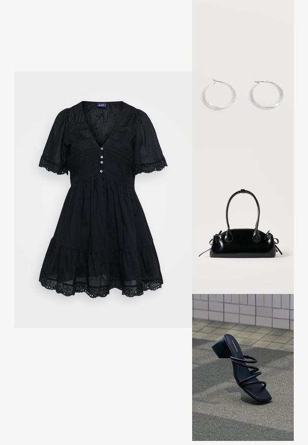 Vestido negro hecho de una tela liviana con un corpiño ajustado, mangas cortas abullonadas, escote en V, detalles de botones y acentos bordados en la falda.; Sandalia negra con punta cuadrada, tres tiras finas y tacón grueso sobre pavimento cerca de pared de azulejos.; Pequeño bolso negro brillante con dos asas largas y detalles de cordón lateral sobre un fondo claro liso.; Pendientes de aro de metal plateado con superficie lisa y ligeramente curvada y cierre de tipo mosquetón sobre un fondo blanco liso.