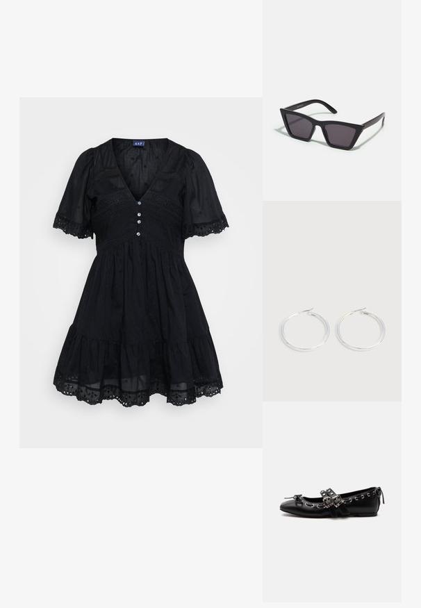 Vestido negro hecho de una tela liviana con un corpiño ajustado, mangas cortas abullonadas, escote en V, detalles de botones y acentos bordados en la falda.; Zapato de ballet plano negro con correas de doble hebilla, ojales plateados y un pequeño lazo cerca de la puntera redondeada sobre un fondo blanco.; Gafas de sol negras y angulares con lentes grises; fabricadas en plástico, con varillas gruesas de superficie suave y sin herrajes visibles.; Pareja de pendientes de aro plateados brillantes con cierres de alambre delgado, mostrados sobre un fondo gris claro.