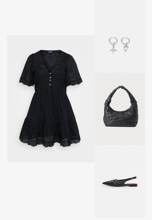 Vestido negro hecho de una tela liviana con un corpiño ajustado, mangas cortas abullonadas, escote en V, detalles de botones y acentos bordados en la falda.; Zapato plano slingback de cuero negro con puntera puntiaguda, que presenta dos correas horizontales y hebillas plateadas cuadradas, tacón bajo y textura suave.; Bolso de hombro de cuero negro trenzado con un asa redondeada y un cuerpo en forma de media luna sobre un fondo liso.; Pendientes de aro de plata con un charm de cruz y corazón. Textura suave y brillante con un acabado pulido. Cada charm cuelga de un lazo seguro.