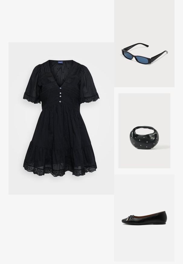 Robe noire en tissu léger avec un corsage ajusté, des manches courtes bouffantes, un décolleté en V, des détails de boutons et des accents brodés sur la jupe.; Ballerine plate en cuir noir avec un bout arrondi, un petit nœud aux extrémités dorées et un talon plat et bas sur fond gris.; Lunettes de soleil noires avec une monture rectangulaire élégante et des verres bleus. Présente une texture lisse et des branches robustes. Logo de la marque sur le côté.; Sac à main en cuir noir de forme arrondie, décoré de clous argentés et équipé d'une poignée courte. Texture lisse et fermeture éclair.