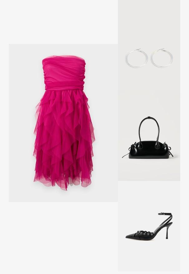 Robe bustier fuchsia avec corsage froncé et jupe en tulle à volants superposés, longueur genou avec un design texturé et volumineux.; Chaussure à talon haut noire à bout pointu, bords festonnés, œillets métalliques, lacets à l'avant et bride de cheville avec fermeture à boucle.; Petit sac à main noir brillant avec deux longues anses et des détails à cordon sur les côtés sur un fond clair uni.; Paire de boucles d'oreilles créoles argentées brillantes avec fermoirs en fil fin, présentée sur un fond gris clair.