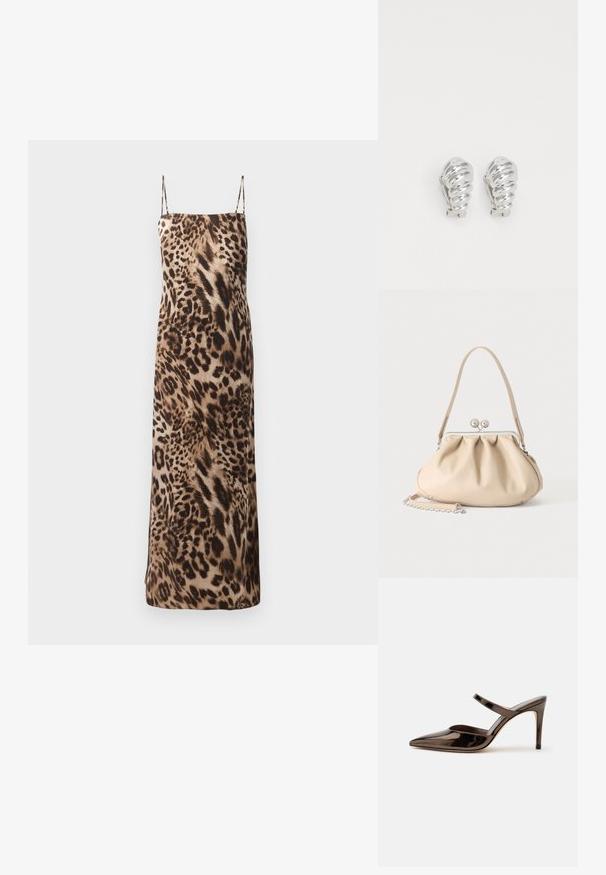 Robe maxi sans manches à imprimé léopard avec des fines bretelles, texture douce et silhouette fluide dans des tons marron et crème.; Mule à talon haut marron foncé brillant à bout pointu avec une fine bride sur le coup de pied sur fond blanc uni.; Sac à main en cuir souple beige avec un fermoir en métal argenté, une bandoulière simple et une bandoulière chaîne optionnelle sur fond blanc.; Boucles d'oreilles en clip argentées avec un design en spirale, présentant une texture métallique lisse et des formes arrondies. Pas d'embellissements ou de motifs visibles.
