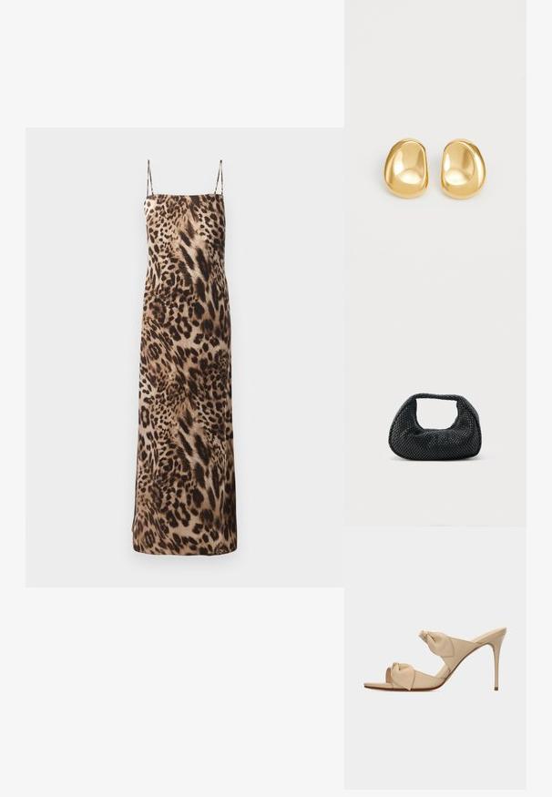 Vestido maxi sin mangas con estampado de leopardo, tirantes finos, textura suave y una silueta fluida en tonos marrones y crema.; Sandalia mule de tacón alto color beige con dos tiras nudo retorcidas y tacón stiletto delgado sobre fondo blanco.; Bolso hobo tejido negro con estructura suave y asa integrada, exhibido sobre un fondo liso y claro.; Pendientes de studs en color dorado con una forma suave y redondeada y una superficie reflectante, que exhiben un diseño minimalista y sin patrones visibles.