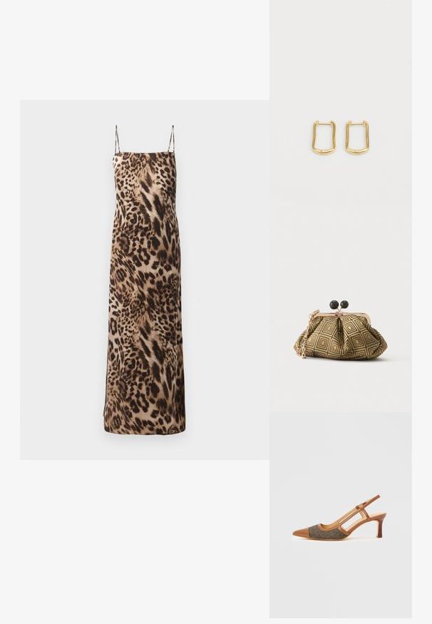 Robe maxi sans manches à imprimé léopard avec des fines bretelles, texture douce et silhouette fluide dans des tons marron et crème.; Chaussure slingback en cuir marron avec un bout pointu, présentant un panneau en tissu à motif foncé et un talon empilé. Côtés ouverts et texture lisse.; Petite pochette avec motif géométrique doré et noir, cadre en métal doré, fermeture à boule noire et une courte chaîne dorée.; Boucles d'oreilles en or en forme rectangulaire irrégulière, avec une texture lisse et un éclat subtil. Design simple sans embellissements.