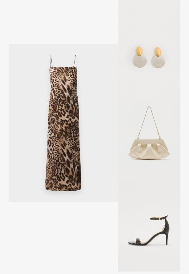 Leopardprint, ærmeløs maxi kjole med tynde stropper, glat tekstur og en flydende silhuet i brune og cremefarvede nuancer.; Sort læder højhælede sandaler med ankelrem. Har en glat tekstur, åben tå og en tynd hæl. Guldtonet spænde detalje.; Kremfarvet blød clutch-taske med samlet plissering og en tynd skulderrem med guldfarvet hardware.; Guld- og sølvmetalløreringe med en rund skivebund og et ovalt topstykke, glat tekstur og poleret finish.