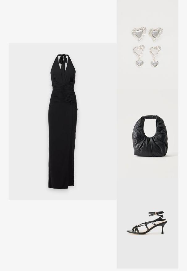 Robe de soirée noire à col halter avec détail froncé à la taille et ourlet longueur cheville sur un fond uni clair.; Sandale à talons hauts en cuir verni noir avec un design à lanières, sangle de cheville ajustable et détails noués. Texture lisse, bout pointu.; Sac à épaule en cuir souple noir avec des plis froncés et une poignée arrondie, debout sur un fond clair uni.; Des boucles d'oreilles en argent en forme de cœur présentent des pierres claires facettées, avec un cadre texturé. L'ensemble comprend des styles à clou et des styles pendants.