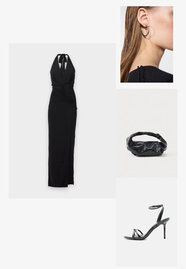 Μαύρο βραδινό φόρεμα με λαιμόκοψη halter, με ραβδώσεις στη μέση και μήκος μέχρι τον αστράγαλο, σε απλό ανοιχτό φόντο.; Μαύρο σανδάλι από δερματίνη με ψηλό τακούνι, λεπτά λουράκια που διασταυρώνονται πάνω από τα δάχτυλα και λουράκι με αγκράφα στον αστράγαλο σε λευκό φόντο.; Μαύρη τσάντα φτιαγμένη από γυαλιστερό, υφασμάτινο υλικό με κυκλική, στροβιλισμένη λαβή και κλείσιμο με φερμουάρ. Διαθέτει ένα μαλακό, ζαρωμένο σχέδιο.; Ασημένιο σκουλαρίκι κρίκος με γυαλιστερή φινίρισμα, που διαθέτει μικρές χρυσές λεπτομέρειες και στρογγυλό σχήμα, φορεμένο στον λοβό.