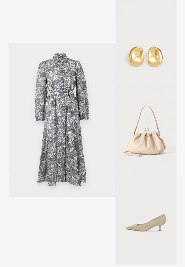 Vestido midi de manga larga con cuello, estampado floral en azul y blanco, botones delanteros, puños elásticos y cinturón para atar en la cintura.; Zapato de tacón bajo tipo «kitten heel» en ante beige con punta puntiaguda sobre un fondo blanco liso.; Bolso de mano de cuero suave beige con cierre de marco metálico plateado, una correa para el hombro y una correa de cadena opcional sobre un fondo blanco.; Pendientes de studs en color dorado con una forma suave y redondeada y una superficie reflectante, que exhiben un diseño minimalista y sin patrones visibles.