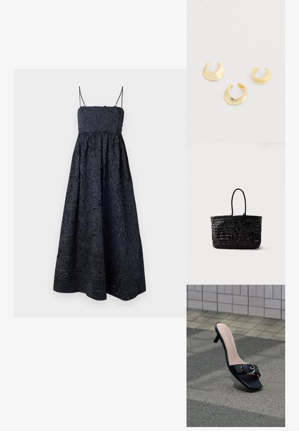 Stine Goya VOLOMINOUS MIDI DRESS - Cocktailkleid/festliches Kleid - black; Schwarze Mule-Sandalette mit Absatz und quadratischer Spitze, silberne Schnalle am Riemen, auf Asphalt neben einer gefliesten Wand platziert.; Schwarze gewebte Ledertasche mit zwei abgerundeten Griffen, aufrecht stehend vor einem schlichten weißen Hintergrund.; Drei glänzende goldene offene Armreifen im Cuff-Stil mit glatten, geschwungenen Oberflächen, angeordnet auf einem hellgrauen Hintergrund.