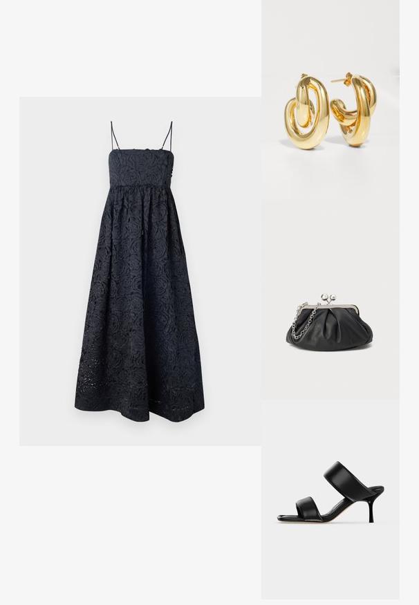 Stine Goya VOLOMINOUS MIDI DRESS - Kokteilikleit/peokleit - black; Mustast nahast mule-tüüpi sandaal kahe laia rihmaga ja õhukese keskmise kõrgusega kontsaga lihtsal heledal taustal.; Musthave musta nahast käekott, millel on volditud tekstuur, hõbedane metallraam, lukustatud sulgemismehhanism ja kett. Sile ja pehme pind.; Charlotte Chesnais BO INITIAL BLOW - Kõrvarõngad - gold-coloured