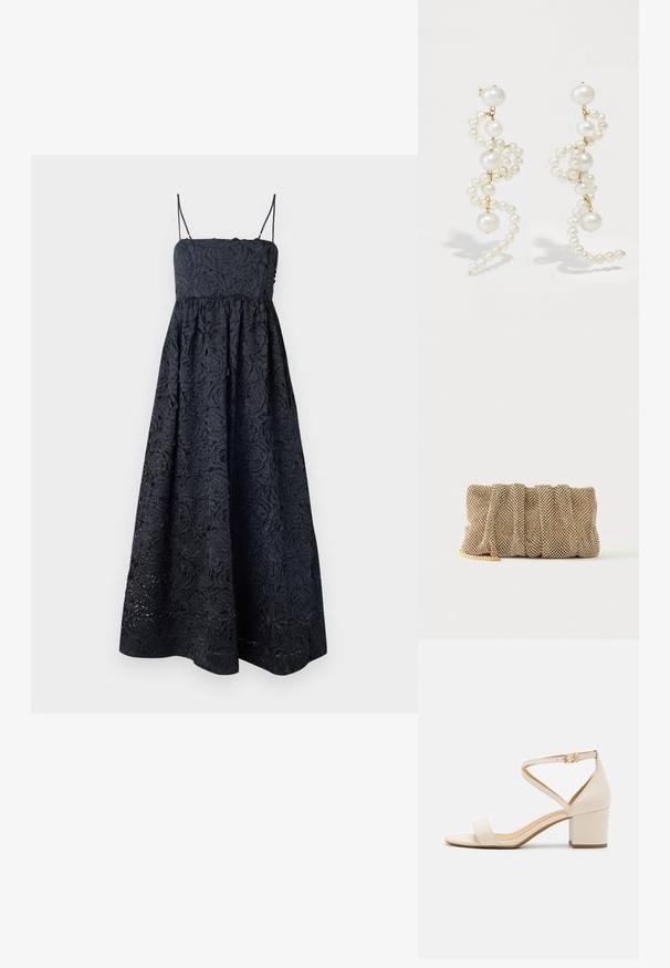 Stine Goya VOLOMINOUS MIDI DRESS - Kokteilikleit/peokleit - black; Beez blokki kõrged sandaalid, millel on minimalistlik disain, avatud varvas ja reguleeritav pahkluu rihm kuldse pandlaga. Sile tekstuur.; Väike kuldne võrgust õlalehmakott volditud disainiga ja osaliselt nähtava kuldse ketiga, ühevärvilise valge taustaga.; Valged pärl kõrvarõngad, millel on keerduv disain, sisaldades erineva suurusega pärleid ja kuldseid aktsente. Sile tekstuur ja elegantne kuju.