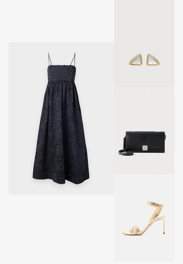 Stine Goya VOLOMINOUS MIDI DRESS - Kokteilikleit/peokleit - black; Kuldne kõrge kontsaga sandaal tekstureeritud kootud rihmadega, pahkluu pandlaga ja peene kitse kannaga valgel taustal.; Mustast nahast ristkere kandekott, millel on reljeefsed logod ja teemantmustrid ning esiklapil hõbedane metallist logoplaat.; Kaks kolmnurga kujulist nööpnõela kõrvarõngast, mille keskmes on vasardatud hõbe ja servad on siledad kuldsed, taustal lihtne hele põhi.