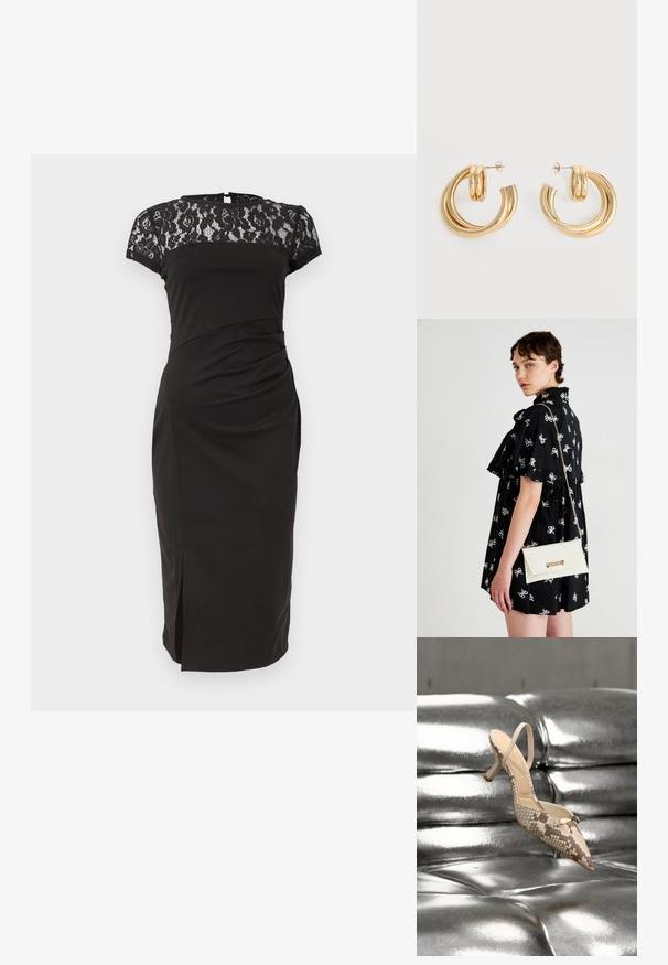 Robe noire mi-longue jusqu'aux genoux avec manches courtes en dentelle et empiècement, taille cintrée et petite fente à l'avant.; Escarpin à bout pointu avec bride arrière en cuir imprimé serpent beige, doté d'un accent doré et d'un talon fin, présenté sur une surface argentée brillante.; Robe noire avec des motifs de nœuds blancs, manches courtes, volants aux épaules. Pochette blanche avec chaîne en or et fermoir, tenue dans la main droite.; Paire de boucles d'oreilles créoles doubles en or brillant avec attaches à tige sur fond blanc.