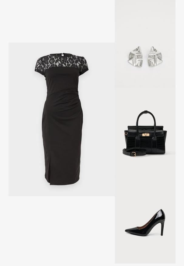 Robe noire mi-longue jusqu'aux genoux avec manches courtes en dentelle et empiècement, taille cintrée et petite fente à l'avant.; Escarpin femme en cuir verni noir à talon haut, bout pointu et talon fin sur fond blanc uni.; Sac à main noir à texture crocodile, avec deux poignées, une bandoulière amovible et un fermoir rectangulaire doré sur le rabat avant.; Boucles d'oreilles en métal argenté avec un design ondulé et sculptural, présentant une finition polie et des formes irrégulières, mettant en valeur une esthétique contemporaine.
