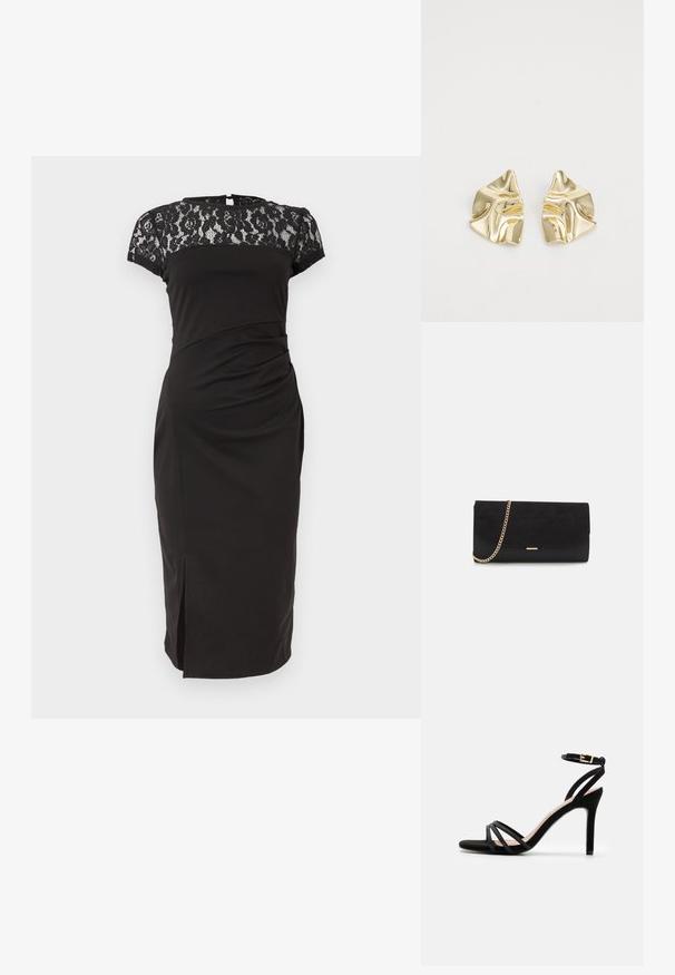 Robe noire mi-longue jusqu'aux genoux avec manches courtes en dentelle et empiècement, taille cintrée et petite fente à l'avant.; Anna Field by Zalando Sandales - black; Porte-monnaie noir en daim avec une finition texturée, doté d'une chaîne dorée et d'un design épuré et angulaire.; Boucles d'oreilles en métal doré avec un design ondulé ; surface lisse et réfléchissante ; forme asymétrique ; sans motifs ni éléments visibles.
