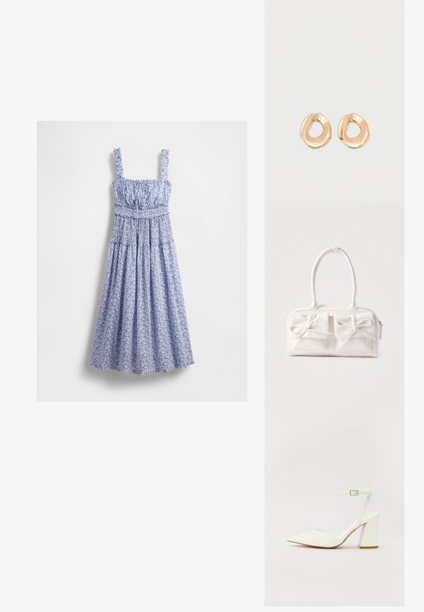 Vestido maxi azul con estampado floral, cuerpo fruncido, escote cuadrado y tirantes con volantes. La tela presenta un patrón delicado y una falda fluida.; Sandalia blanca de tacón con puntera afilada, correa ajustable en el tobillo y un tacón cuadrado grueso. Textura lisa con detalles de costura mínimos.; Bolso sintético blanco con dos bolsillos delanteros, cada uno con un detalle de lazo atado. Textura suave, asas redondeadas y cierre de cremallera.; Par de pendientes de aro de metal en tono dorado pulido, de forma irregular y con centro abierto, sobre un fondo blanco liso.