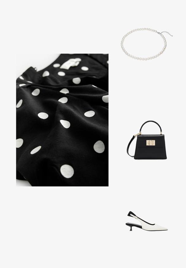 Next V-NECK PUFF SLEEVE MINI - Blousejurk - black spot; Witte slingback schoen met puntige neus, zwarte kittenheel en verstelbare zilveren gespsluiting.; Zwarte leren handtas met bovenhandvat, afneembare schouderriem en gouden rechthoekige sluiting op de voorspat.; Witte parelketting met gelijkmatig grote parels, een gladde textuur en een zilveren sluiting met een verstelbare ketting voor het aanpassen van de lengte.