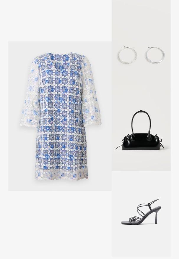 Spitzenkleid mit einem blauen floralen Muster und aufwendiger weißer Stickerei, einem V-Ausschnitt und dreiviertellangen Ärmeln.; Schwarze, hochhackige Sandalen mit dünnen Riemen und einem geknoteten Design, einer glatten, rechteckigen Zehenpartie und einem eleganten Stiletto-Absatz.; Kleine schwarze glänzende Handtasche mit zwei langen Griffen und seitlichen Kordelzug-Details vor einfachem hellem Hintergrund.; Silberne Metallcreolen mit glatter, leicht gebogener Oberfläche und Klappverschluss vor schlicht weißem Hintergrund.