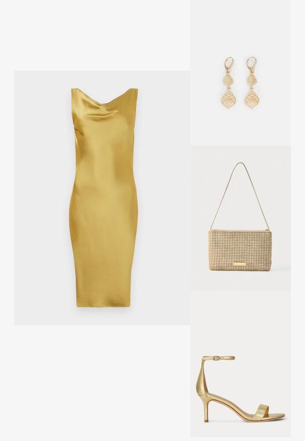 Gelbes Satin-Kleid mit Cowl-Ausschnitt, taillierter Form, knielanger Saum und glatter Textur. Keine sichtbaren Muster oder Akzente.; Goldene High-Heel-Sandale mit dünnem Knöchelriemen und Schnalle, offenem Zehenbereich und schlankem Absatz, seitlich auf weißem Hintergrund dargestellt.; Goldene Clutch mit rechteckiger Form, bedeckt mit glänzenden silbernen Strasssteinen. Verfügt über einen dünnen, metallischen Schulterriemen und einen Reißverschluss.; Marchesa FILIGREE DROP - Ohrringe - gold-coloured