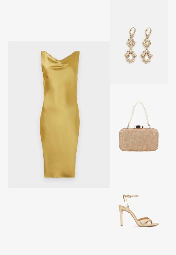 Vestido de satén amarillo con escote drapeado, forma ajustada, largo hasta la rodilla y textura suave. Sin patrones o acentos visibles.; Sandalia de tacón stiletto metálica dorada con una correa en el tobillo, punta abierta, diseño cruzado en la parte frontal y una textura suave.; Clutch rectangular dorada con patrón de encaje floral, detalles con purpurina y un asa hecha de grandes perlas blancas.; Pendientes colgantes en tono dorado con un diseño de racimo que incluye cristales claros en forma redonda y de lágrima, mostrando un detallado intrincado.