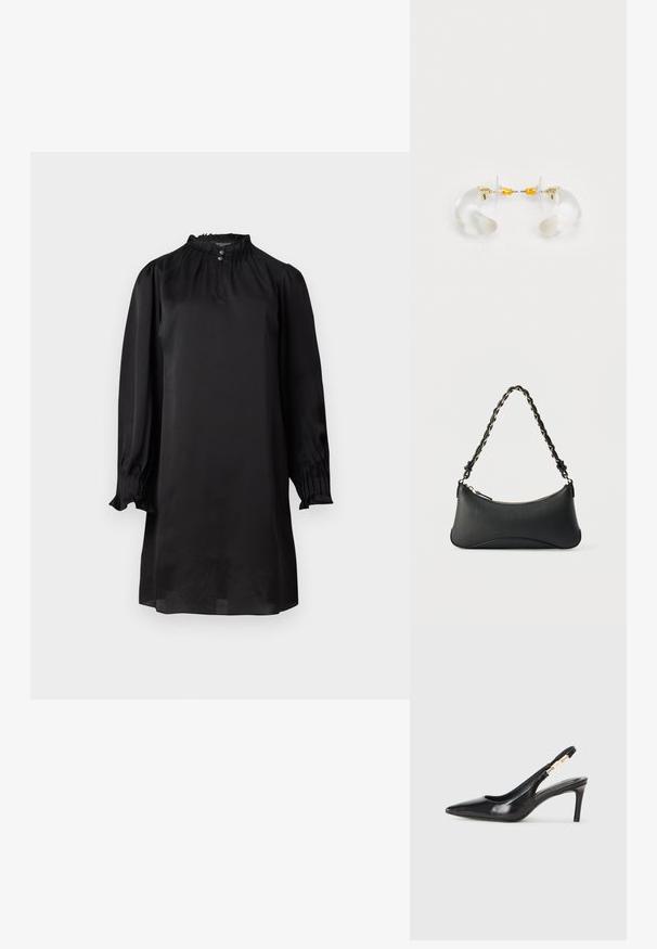 Sort silkekjole med lange, puffede ærmer, der har en høj halsudskæring og subtil indsamling med knaplukning. Glat tekstur, knælang.; Sort læder slingback højhælede sko med spidse tæer, glat overflade og en smal ankelrem med guldfarvede hardware detaljer.; Sort skuldertaske i læder med en buet rektangulær form, gyldent kæde vævet ind i en flettet sort rem og toplynlås.; Klare akryl hoops øreringe med guld accenter, der har et buet design og en transparent lås. Glat tekstur, minimalistisk stil.