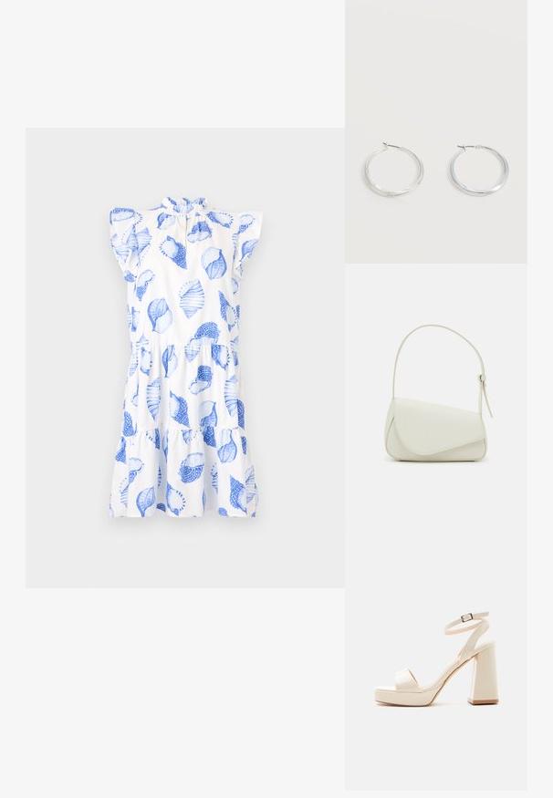 Robe blanche avec des motifs de feuilles bleues, encolure froncée et manches courtes. Dotée d'une jupe à volants et d'une coupe décontractée.; Sandale à plateforme beige avec talon bloc épais, bout ouvert et bride de cheville avec boucle métallique sur fond blanc.; Sac à main en cuir synthétique blanc avec une forme triangulaire structurée, une bandoulière unique réglable et un rabat à courbes accentuées.; Boucles d’oreilles créoles en métal argenté avec une surface lisse légèrement incurvée et des fermoirs à clapet sur un fond blanc uni.