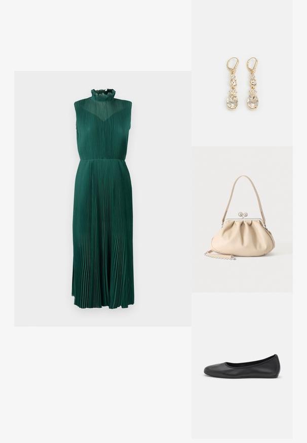 Groene geplooide jurk met een hoge ruches halslijn, mouwloos ontwerp, vloeiende stof en een middellange silhouet. Glad, gestructureerd oppervlak.; Zwarte leren ballerina met een ronde neus, gladde textuur, minimale stikdetails en een flexibele zoolontwerp.; Beige zachte leren handtas met een zilveren metalen frame sluiting, een enkele schouderriem en een optionele kettingriem op een witte achtergrond.; Goudkleurige oorhangers met een heldere ovale crystal aan de basis, verfraaid met kleinere kristallen en bloemdetails erboven.