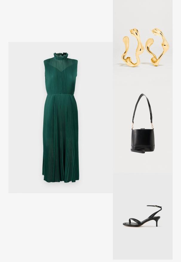 Grünes plissiertes Kleid mit einem hohen, Rüschenausschnitt, ärmellosem Design, fließendem Stoff und einer mittellangen Silhouette. Glatte, strukturierte Oberfläche.; Schwarze Ledersandale für Damen mit dünnen Riemchen, einer Zehenlasche, einer Knöchelschnalle und einem mittelhohen Stöckelabsatz vor neutralem Hintergrund.; Schwarze Lederbucket-Tasche mit breitem, verstellbarem Schulterriemen und abnehmbarem Handgelenksriemen auf hellgrauem Hintergrund.; Asymmetrische, wellenförmige Creolen in Goldoptik mit polierter, spiegelnder Oberfläche vor einem schlichten hellen Hintergrund.